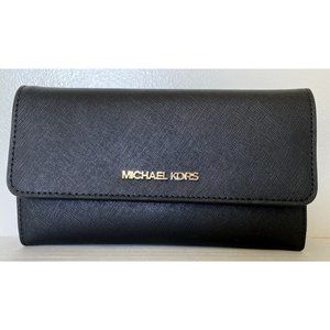 New Michael Kors Jet Set Travel Large Trifold Wallet Leather Black with Gold